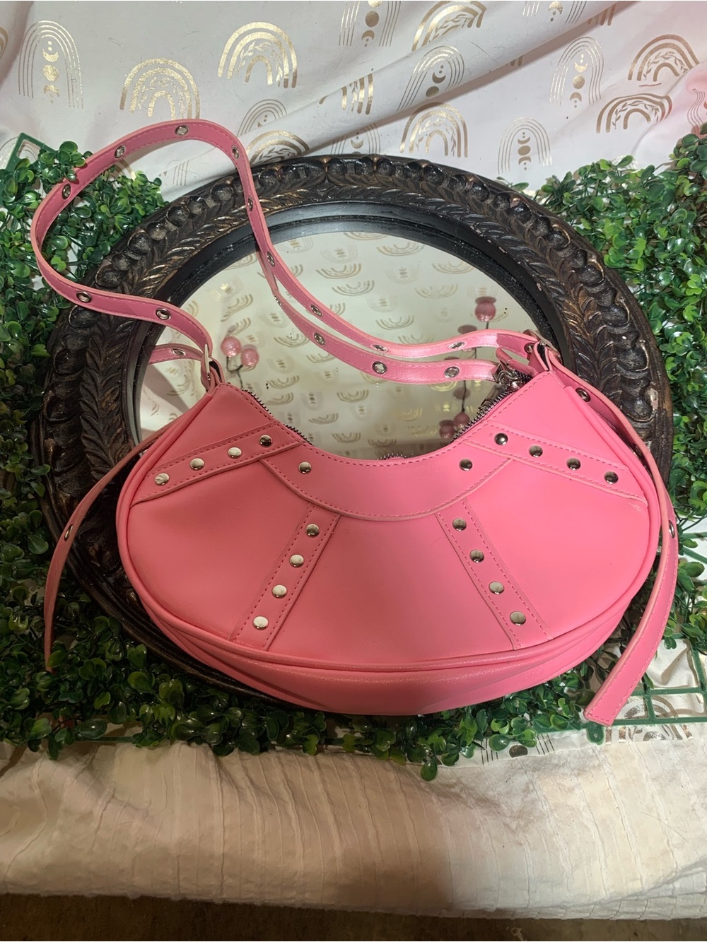 Pink Studded Crescent Shoulder Bag